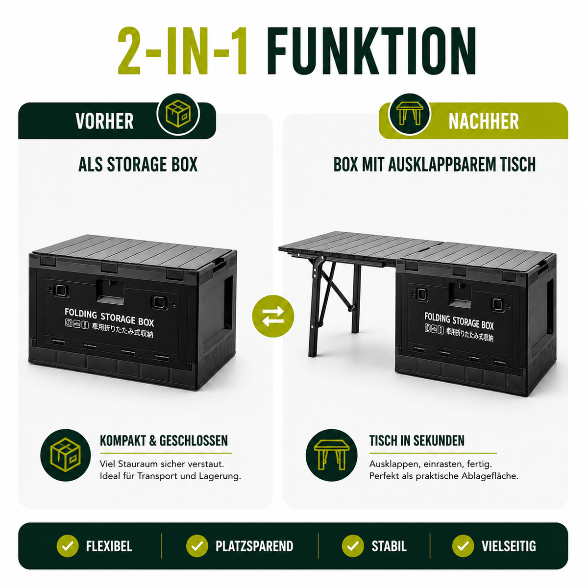 2-in-1 Faltbox mit ausklappbarem Campingtisch -  Clever unterwegs