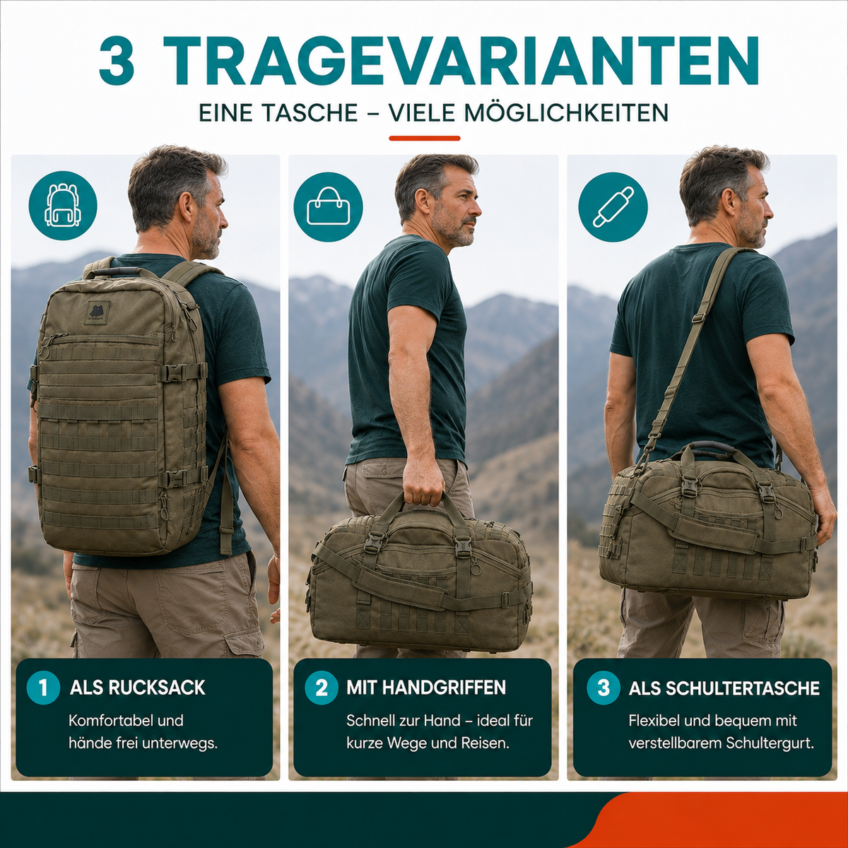 3-Wege-Outdoor-Reisetasche – Eine für alles unterwegs.