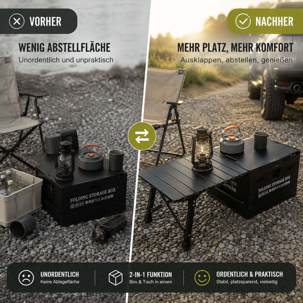 2-in-1 Faltbox mit ausklappbarem Campingtisch -  Clever unterwegs